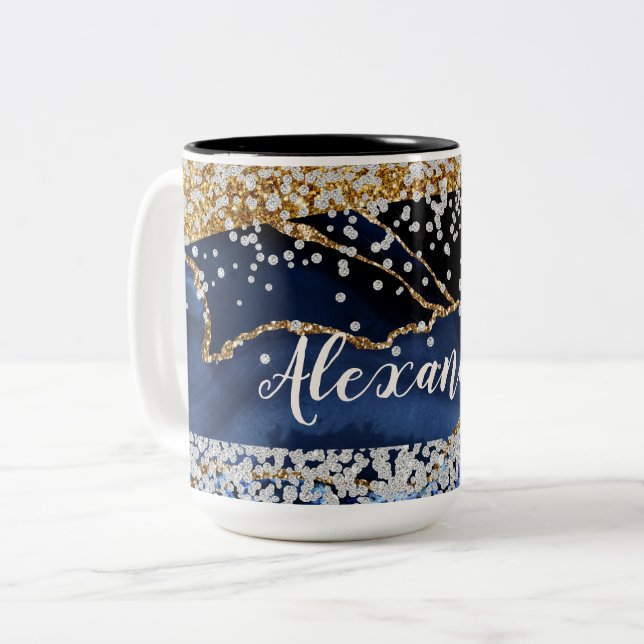 Blue Gold Agate mit Gold & Diamond Akzenten Zweifarbige Tasse (Vorderseite Links)
