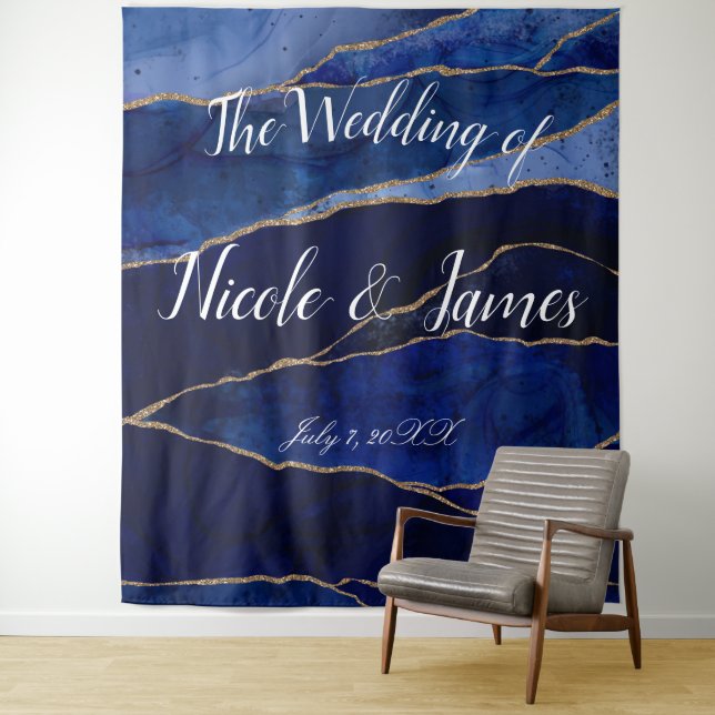 Blue & Gold Agate Modern Glam Minimal Wedding Stic Wandteppich (Beispiel)
