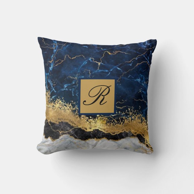 Blue Gold Agate Monogram Throw P Kissen (Vorderseite)