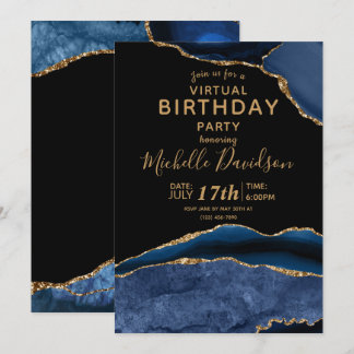 Blue & Gold Agate Virtual Geburtstag Einladung