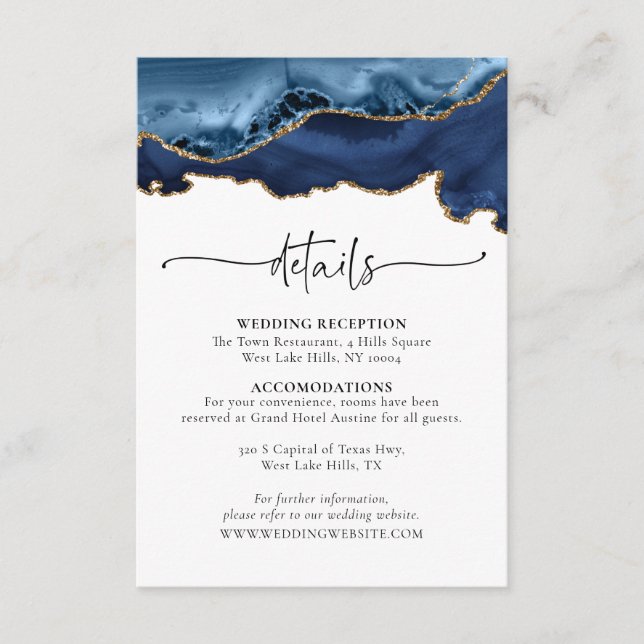Blue Gold Agate Wedding Details Eintrittskarte Begleitkarte (Vorderseite)