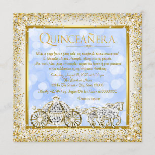 Blue Gold Ainderella Princess Quinceanera Einladung
