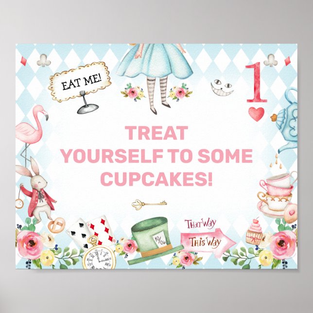 Blue Gold Alice One-derland 1st Birthday Sign Poster (Vorne)