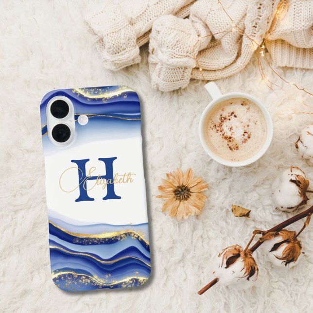 Blue Gold Alkohol Tinte Monogramm Name iPhone 16 Hülle (Monogram Name initial Blue Gold Alcohol Ink Pattern iPhone case. iPhone 16 15 14 13 12 11 )