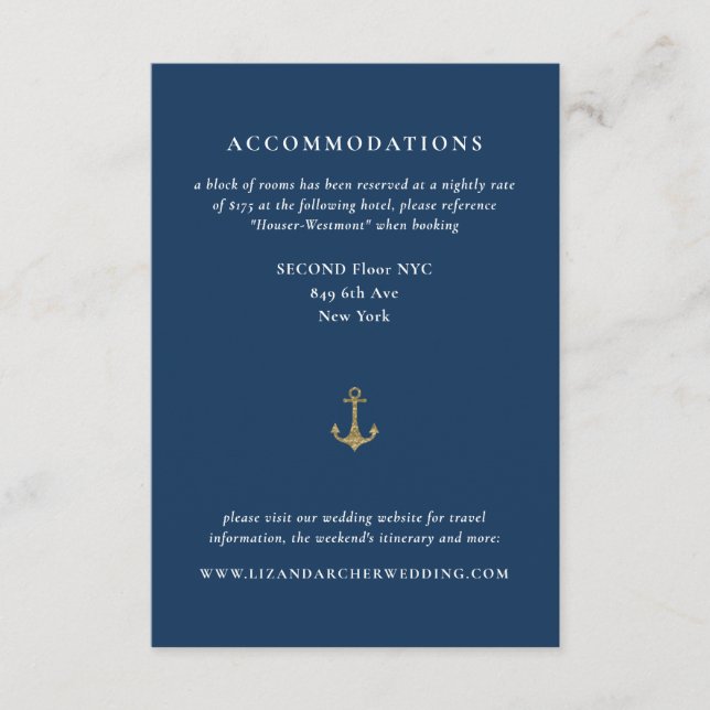 Blue Gold Anchor Nautical Wedding Hotel Begleitkarte (Vorderseite)
