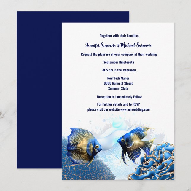 Blue gold angel fish island reef beach chic einladung (Vorne/Hinten)