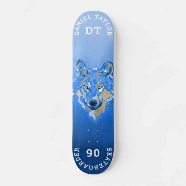 Blue Gold Aquarellfarbenmalerei Gradient Monogram  Skateboard (Vorderseite)