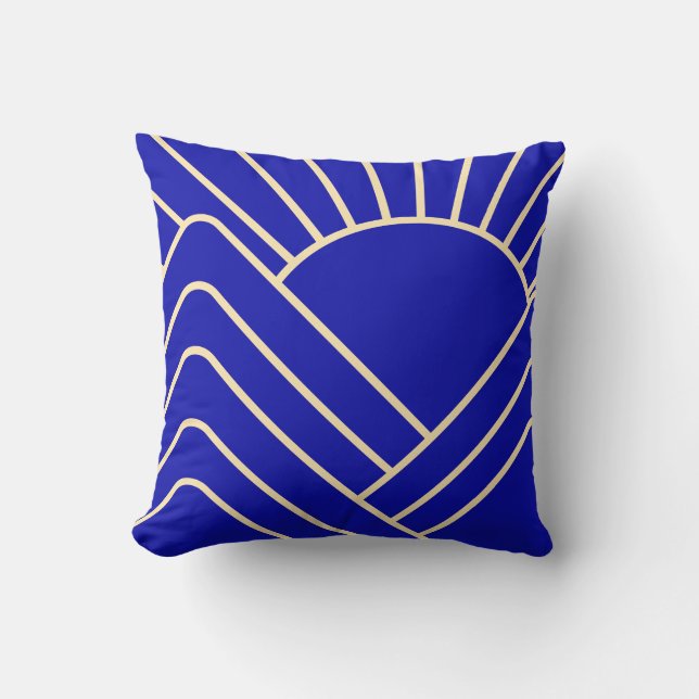 Blue Gold Art Deco Abstrakte Landschaft Kissen (Vorderseite)