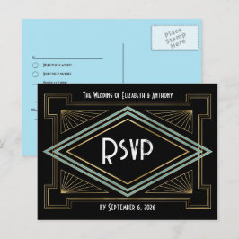 Blue & Gold Art Deco Gatsby-Inspired Wedding Postkarte