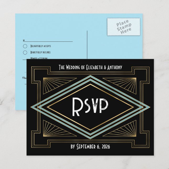 Blue & Gold Art Deco Gatsby-Inspired Wedding Postkarte (Vorne/Hinten)