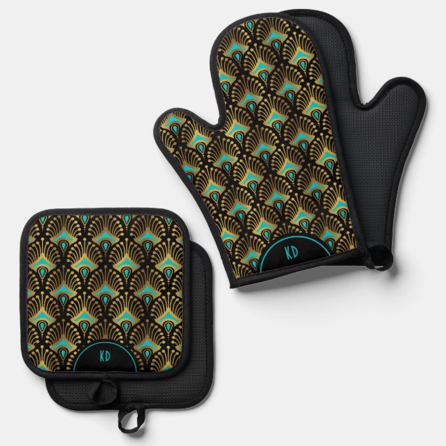Blue Gold Art Deco Muster Ofenhandschuh & Topflappen-Set (Vorderseite/Rückseite)
