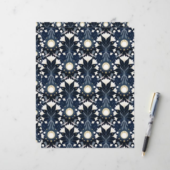 Blue-Gold-Art-Nouveau-Moon-Scrapbook-Papier (Vorderseite/Rückseite Beispiel)