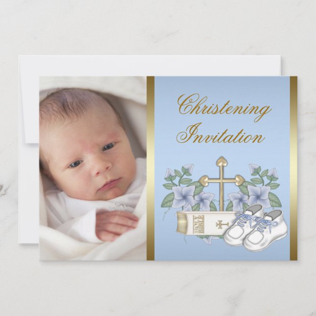 Blue Gold Baby Boy Photo Christening Invitations (Devant)