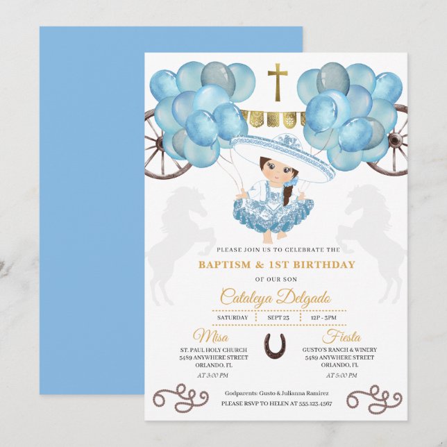 Blue & Gold Baby Charra Mexican Balloons Taufe Einladung (Vorne/Hinten)