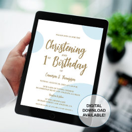 Blue Gold Baby Christening und 1. Geburtstag Joint Einladung
