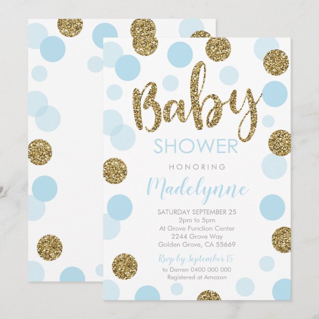 Blue Gold Baby Dusche Einladung Confetti Baby Boy (Vorne/Hinten)