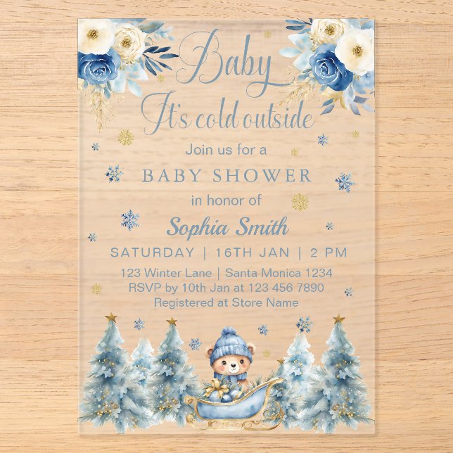 Blue Gold Baby Es ist kalt Outside Baby Dusche Acryleinladungen (Vorderseite)