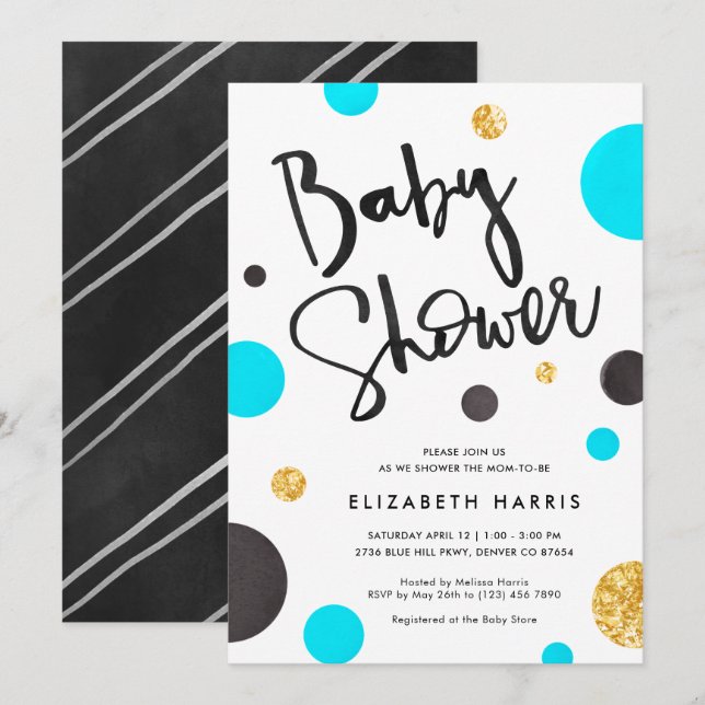 Blue & Gold Baby Shower Einladungen - Polka Dots (Vorne/Hinten)