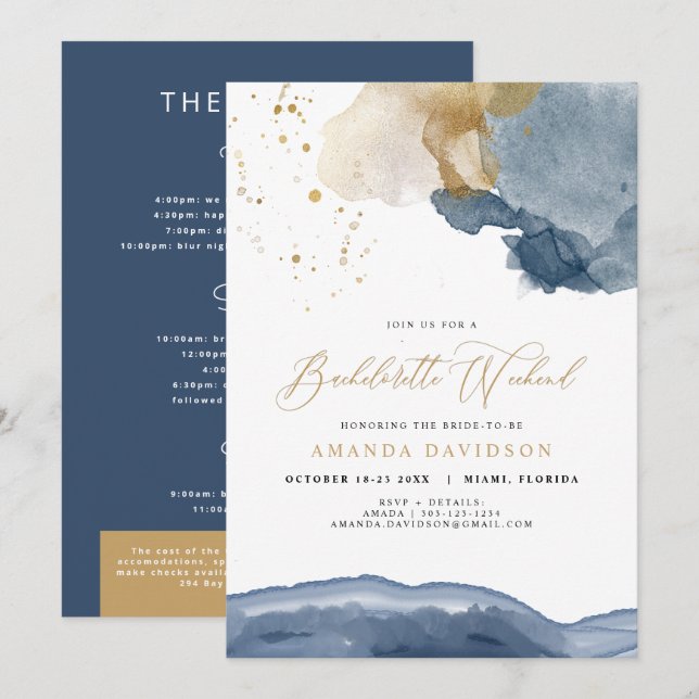 Blue Gold Bachelorette Wochenende mit Ausflug Einladung (Vorne/Hinten)