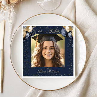 Blue Gold Balloon Glitter Graduation Party Photo Serviette