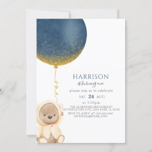 Blue Gold Balloon Teddy Bear Baby Boy 1. Geburtsta Einladung