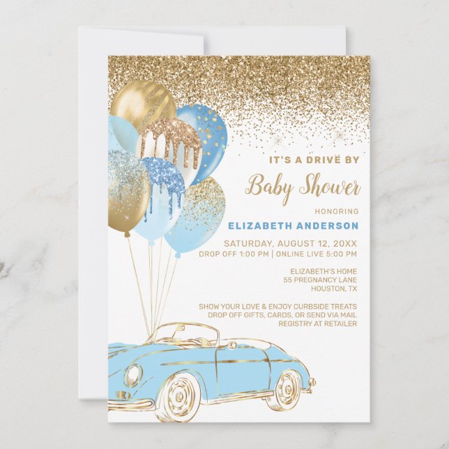 Blue Gold Balloons Virtual Drive by Baby Dusche Einladung (Vorderseite)