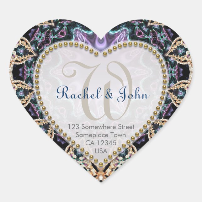 Blue Gold Batik Liebe Monogram Wedding Stickers (Vorderseite)