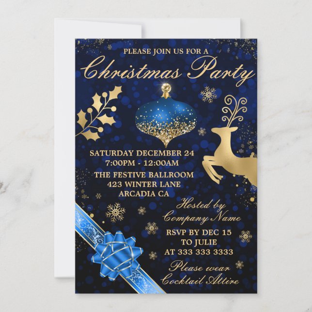 Blue & Gold Bauble & Ribbon Weihnachts-Party Einladung (Vorderseite)