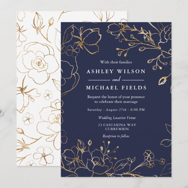 Blue Gold Blume Elegante Moderne Hochzeiten Einladung (Vorne/Hinten)