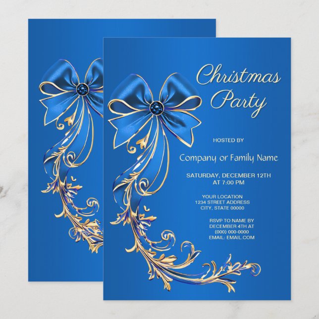 Blue Gold Blume Weihnachts-Party Einladung (Vorne/Hinten)