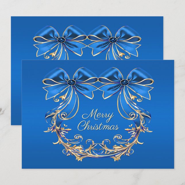 Blue Gold Blume Weihnachtskarte Feiertagskarte (Vorne/Hinten)