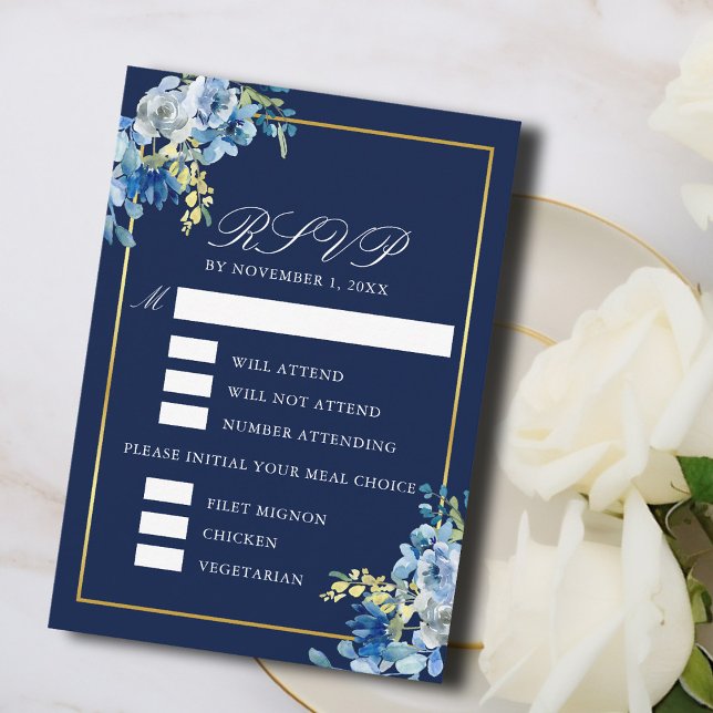 Blue Gold Blumenküche Wählen Sie eine Hochzeitsrei RSVP Karte (Von Creator hochgeladen)