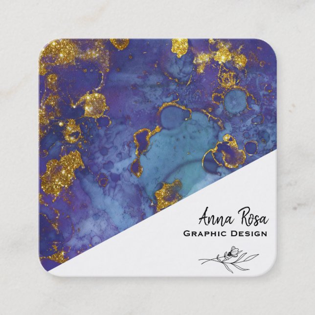 *~* Blue Gold Blumenmarmor Abstrakt Bio Quadratische Visitenkarte (Vorderseite)