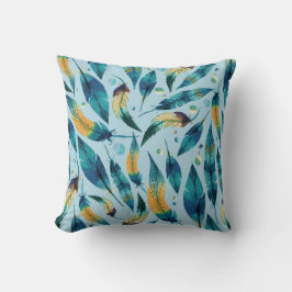 Blue Gold Boho Feathers Pattern Kissen