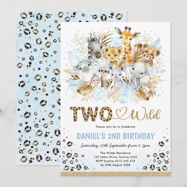 Blue Gold Boho Jungle Safari Zwei Wilde 2. Geburts Einladung (Vorne/Hinten)