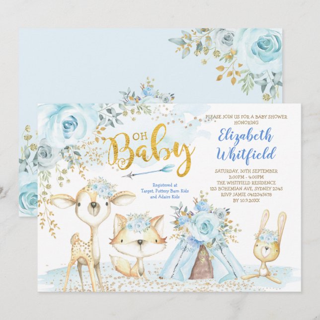 Blue Gold Boho Woodland Forest Boy Baby Dusche Einladung (Vorne/Hinten)