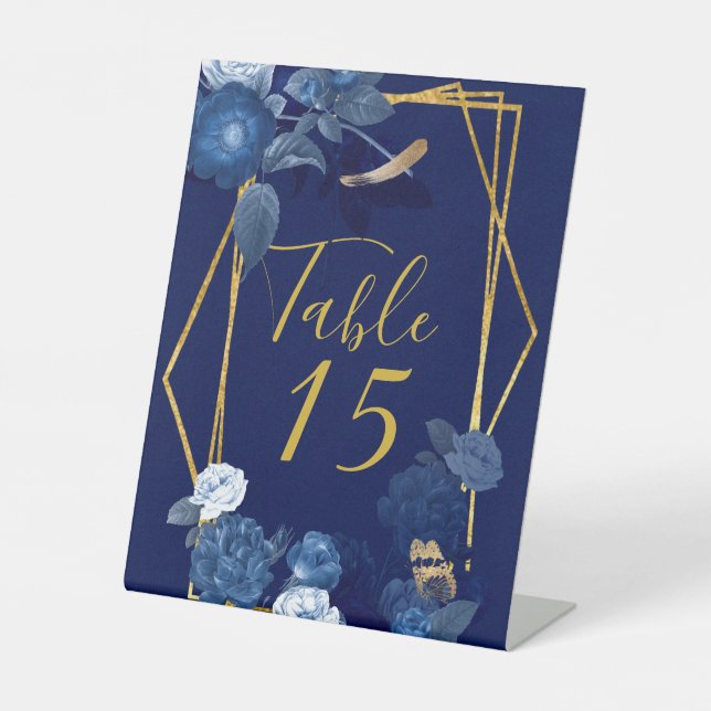 Blue & Gold Botanical Florals Wedding Tischnummer Sockelschild (Vorderseite)