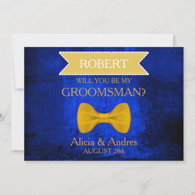 Blue & Gold Bow Werden Sie mein Trauzeuge? Invitat Einladung (Vorderseite)