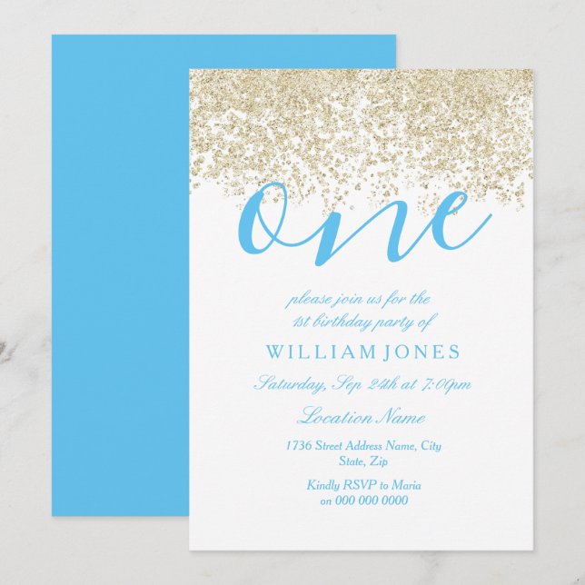 Blue Gold Boys 1er anniversaire Invitation de fête (Devant / Derrière)