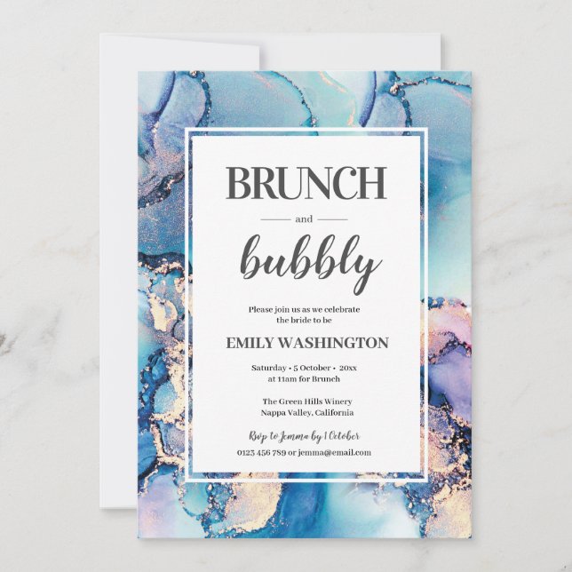 Blue Gold Brunch & Bubbly Bridal Dusche Einladung (Vorderseite)