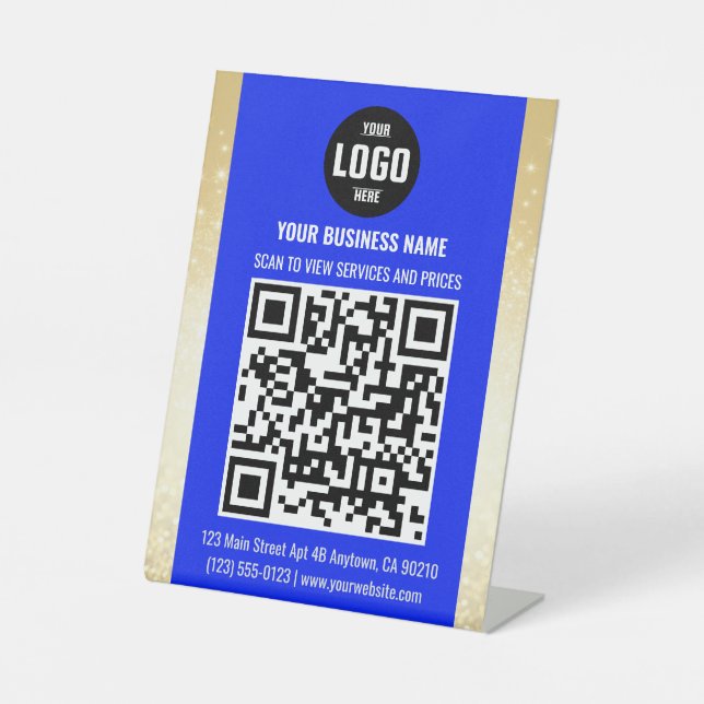 Blue & Gold Business QR Code Pedestal Sign Sockelschild (Vorderseite)