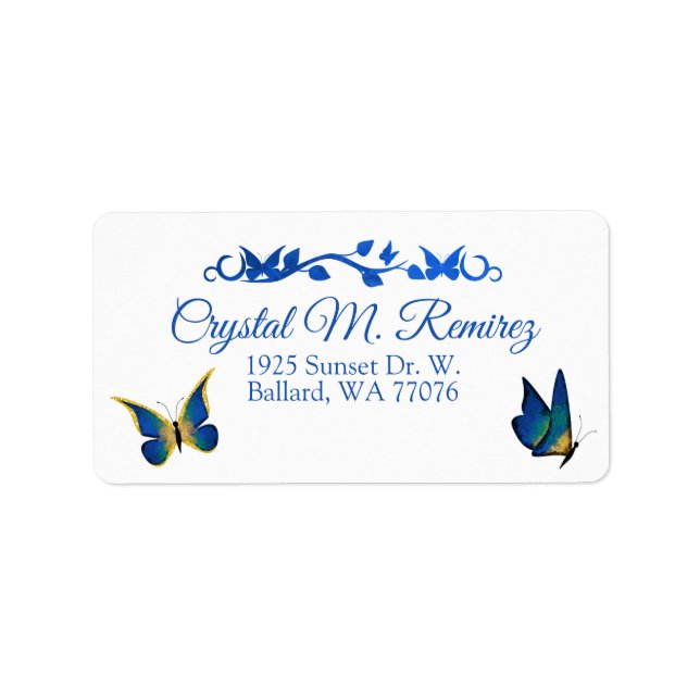 Blue, Gold Butterfly Address Labels Adressaufkleber (Vorne)