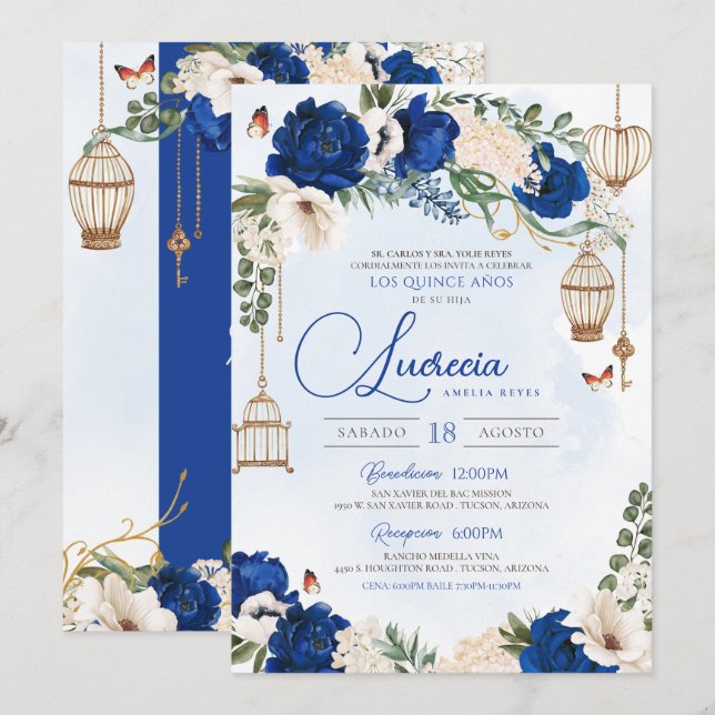 Blue Gold Butterfly Floral Elegante Quinceañera Einladung (Vorne/Hinten)