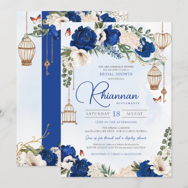 Blue Gold Butterfly Floral Elegantes Brautparty Einladung (Vorne/Hinten)