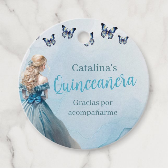 Blue Gold Butterfly Princess Quinceñera Geschenkanhänger (Vorderseite)
