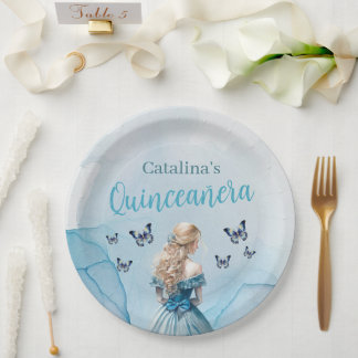 Blue Gold Butterfly Princess Quinceñera Pappteller