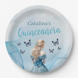 Blue Gold Butterfly Princess Quinceñera Pappteller