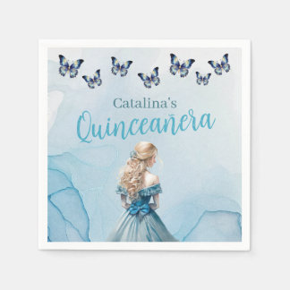Blue Gold Butterfly Princess Quinceñera Serviette
