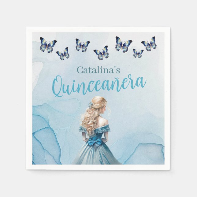 Blue Gold Butterfly Princess Quinceñera Serviette (Vorderseite)