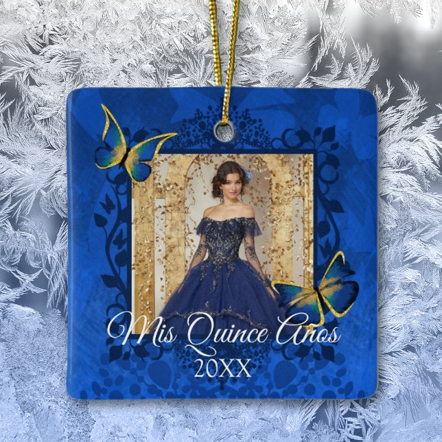 Blue, Gold Butterfly Quinceanera Foto Keramikornament (elegant blue, gold quinceanera gift christmas ornament butterfly keepsake royal blue dress portrait )